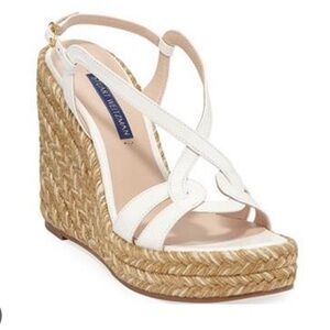 Stuart Weitzman Coquille Leather Wedge Espadrille Cream White Tan 9,5 LIKE NEW